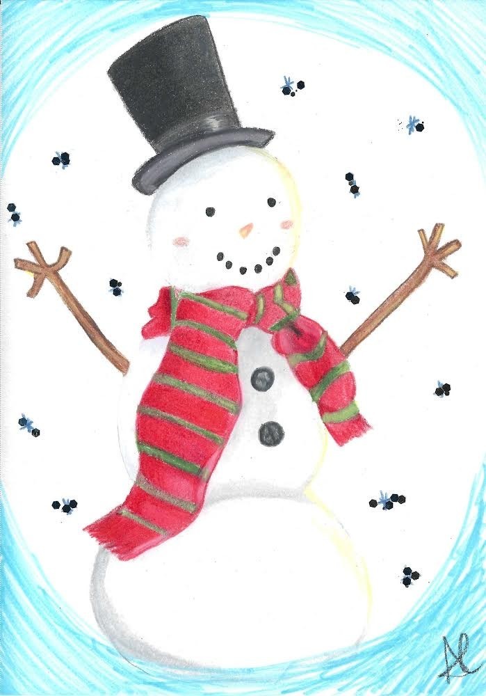 Snowman colored pencil drawing